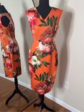 CALVIN KLEIN Orange Pink Floral Sheath Sleeveless Dress Size 8